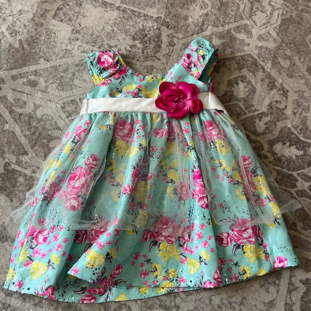Light Blue Floral Kids Dress with Pink Accents